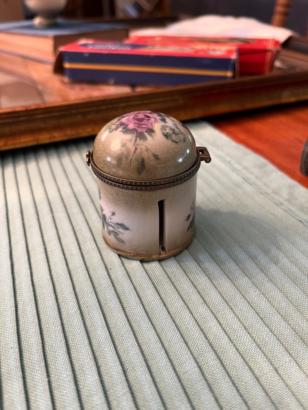 Porcelain Floral Trinket Box stamp dispenser in Cream with Pink Rose Motif